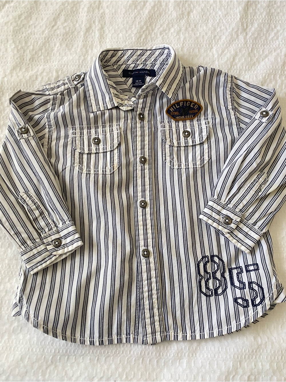 Tommy Hilfiger White and Navy Striped Button-Down Shirt